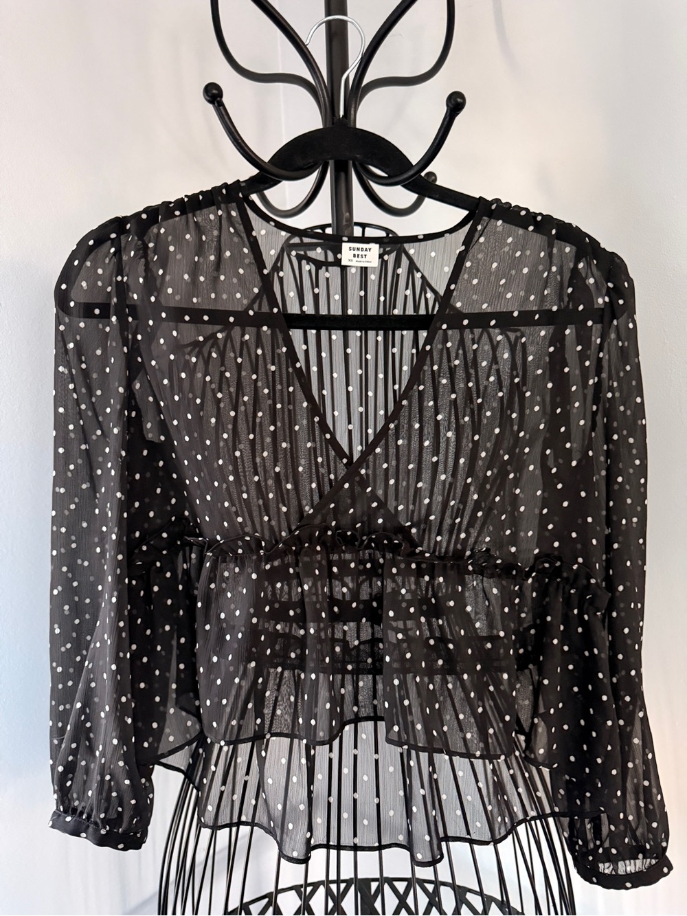 Sunday Best Black & White Polka Dot Sheer Wrap Blouse